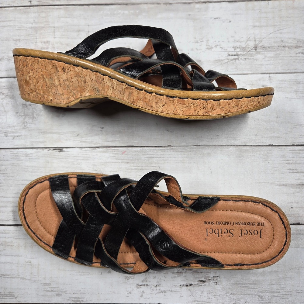 Josef Seibel Wedge Slide Sandals Womens 42 Black‎ Leather Strappy Woven